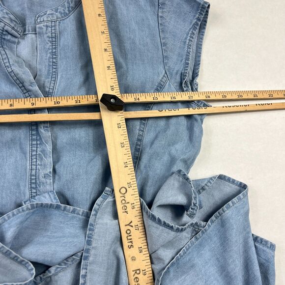 DKNY Cap Short Sleeve Chambray Dress Size 2 Blue Belted Asymmetrical Hem Midi - Picture 7 of 11